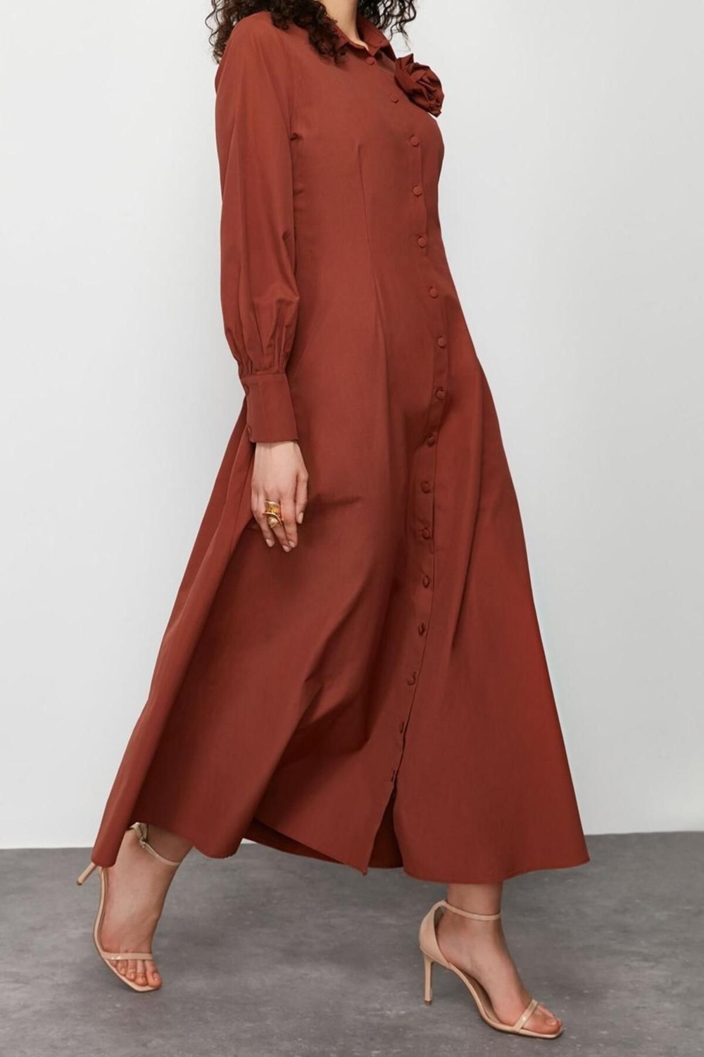 Moda Regular Casual Günlük Poplin Dokuma Gömlek Yaka Uzun Kol A-Line Maxi Boy Tesettür Elbise