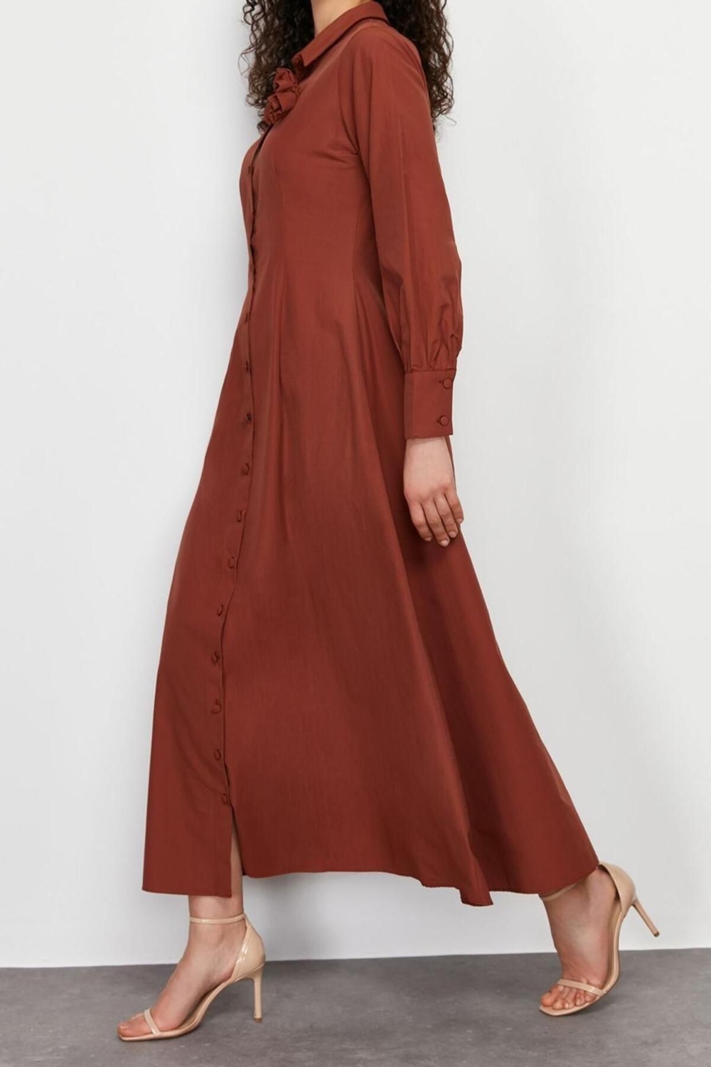 Moda Regular Casual Günlük Poplin Dokuma Gömlek Yaka Uzun Kol A-Line Maxi Boy Tesettür Elbise