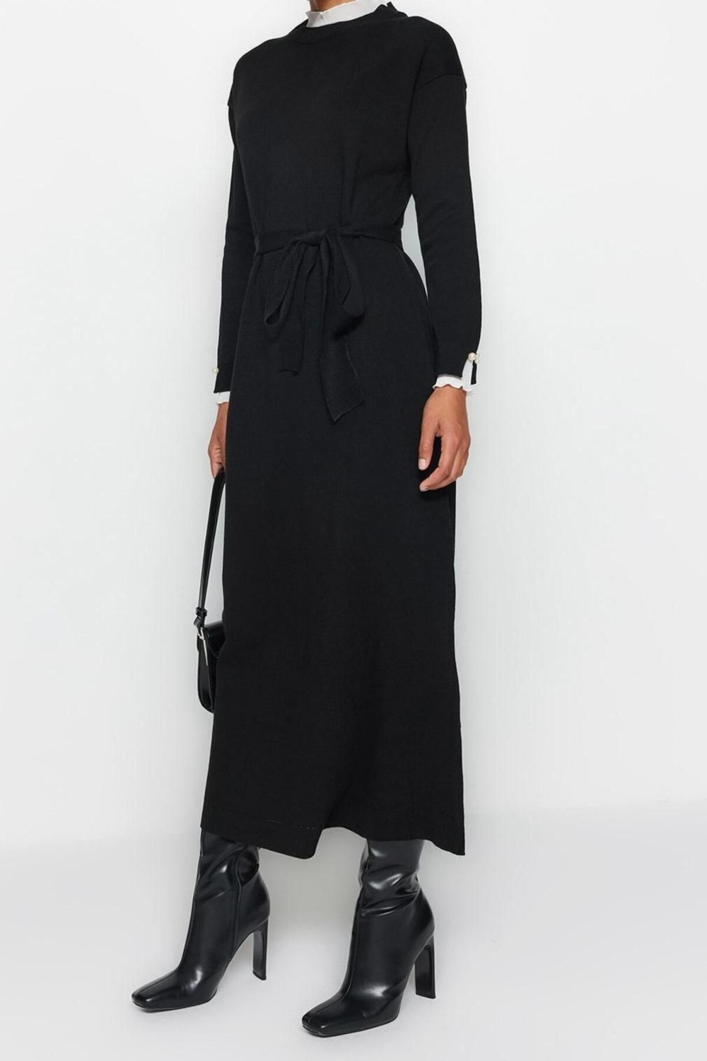 Moda Regular Casual Günlük Pike Triko Dik Yaka Uzun Kol Shift Maxi Boy Tesettür Elbise