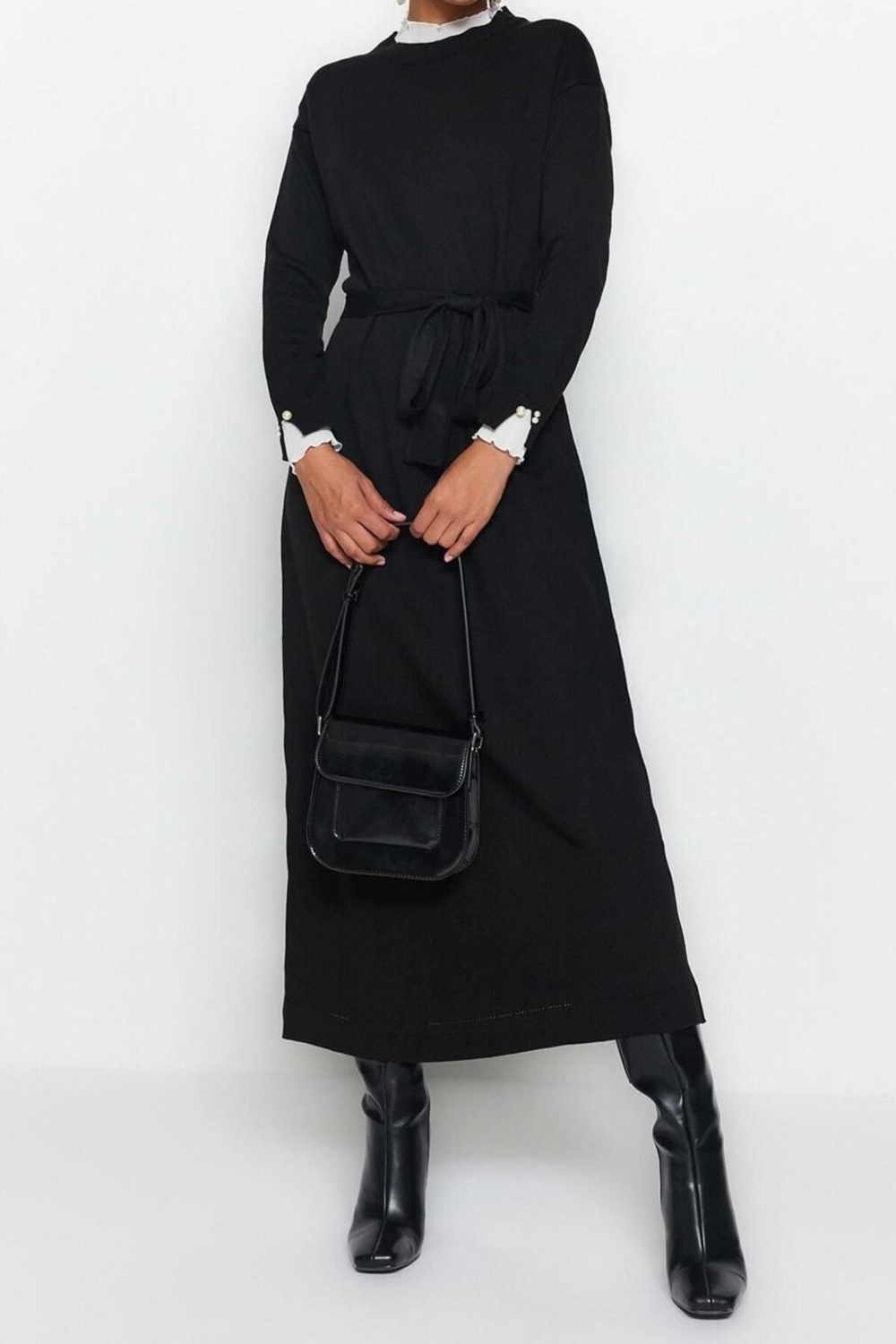 Moda Regular Casual Günlük Pike Triko Dik Yaka Uzun Kol Shift Maxi Boy Tesettür Elbise