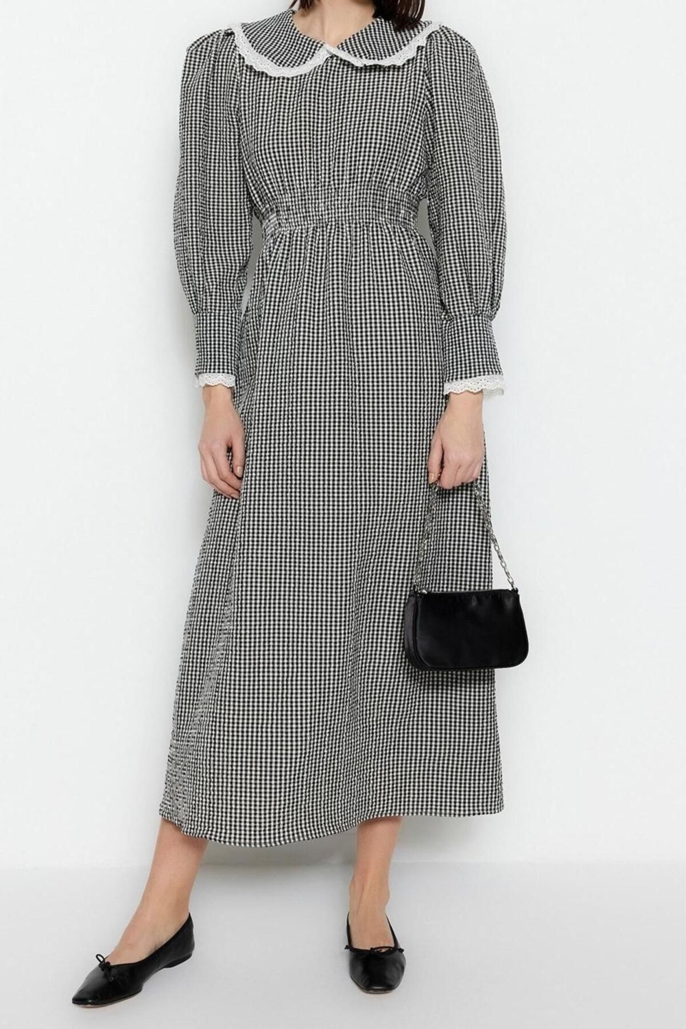 Moda Regular Şık Abiye Gece Gofre Dokuma V Yaka Uzun Kol A-Line Midi Boy Tesettür Elbise