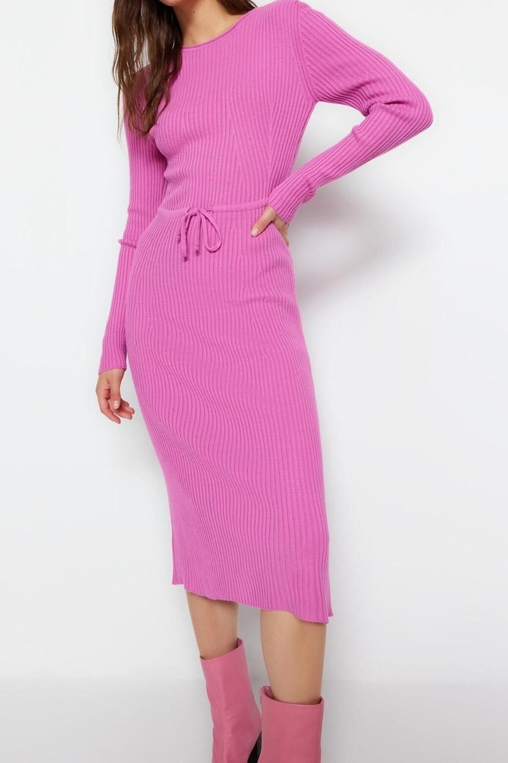 Moda Slim Casual Günlük Tek Plaka Triko Bisiklet Yaka Uzun Kol Bodycone Midi Boy Elbise