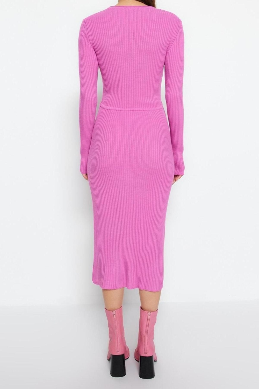 Moda Slim Casual Günlük Tek Plaka Triko Bisiklet Yaka Uzun Kol Bodycone Midi Boy Elbise