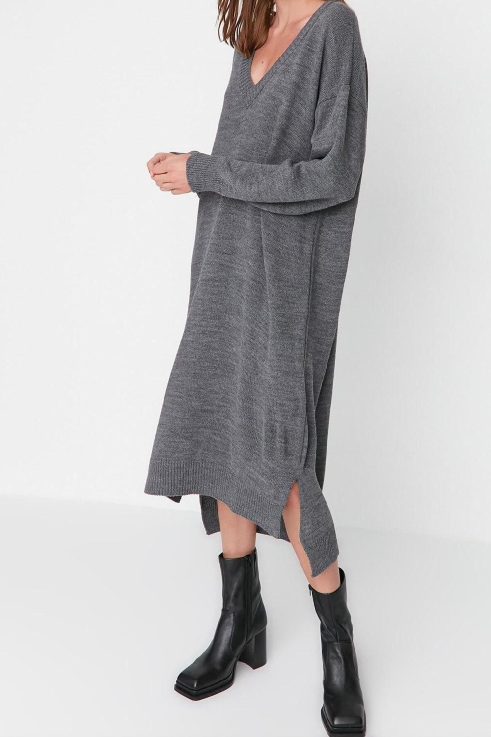 Moda Oversize Casual Günlük Selanik Triko V Yaka Uzun Kol Shift Maxi Boy Elbise