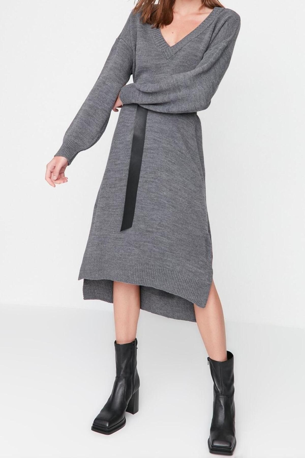 Moda Oversize Casual Günlük Selanik Triko V Yaka Uzun Kol Shift Maxi Boy Elbise