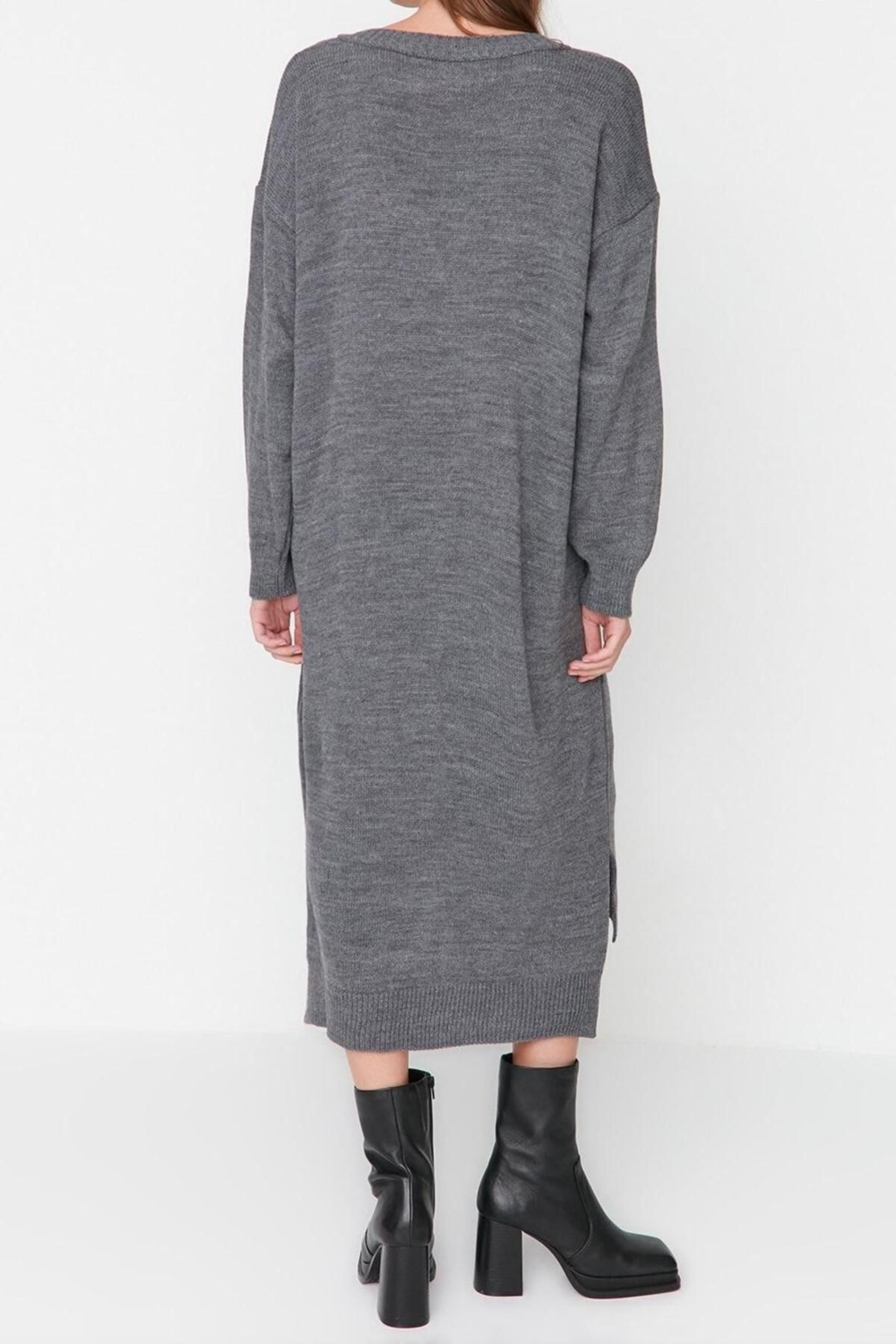 Moda Oversize Casual Günlük Selanik Triko V Yaka Uzun Kol Shift Maxi Boy Elbise