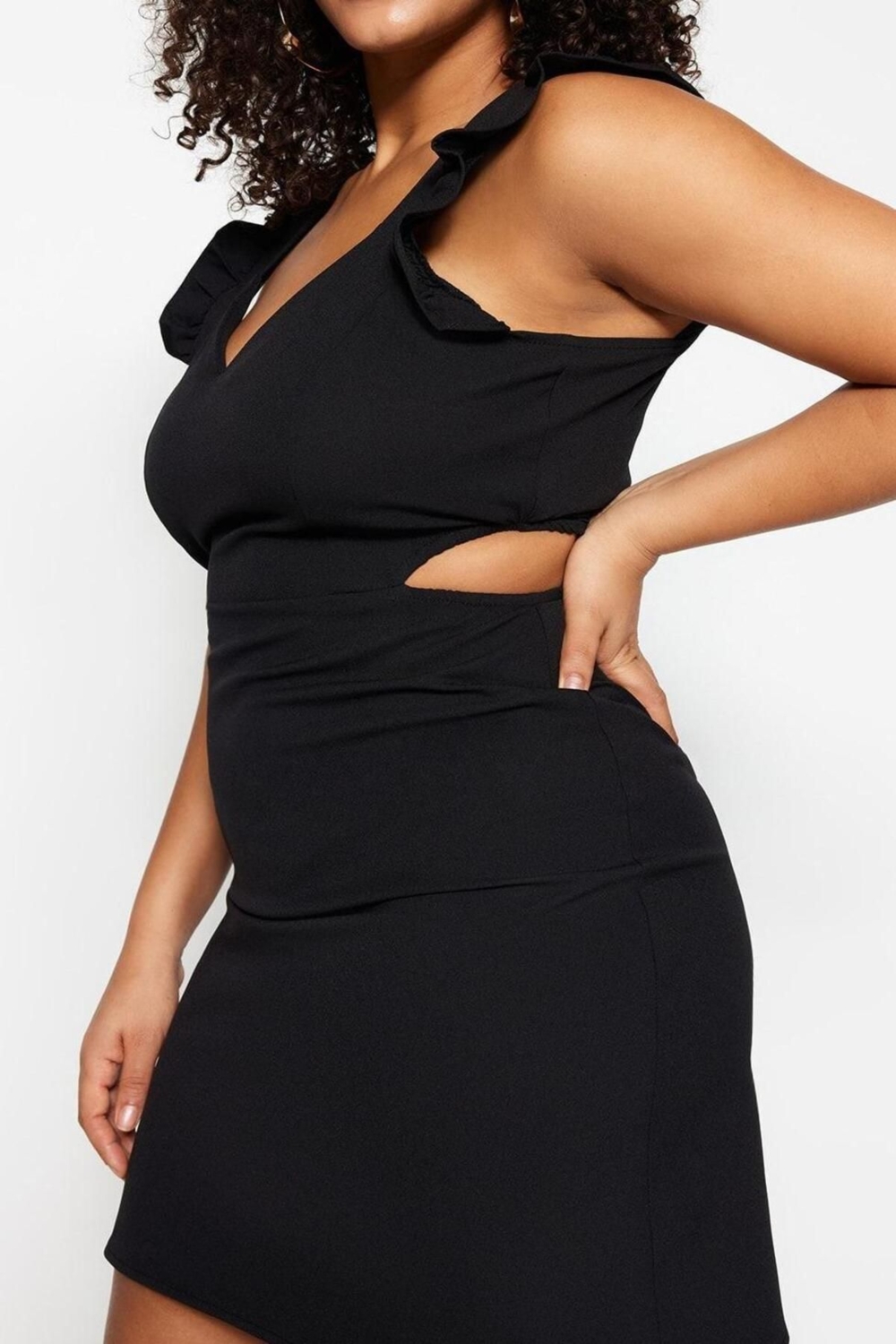 Moda Fit Gündüz Gece Krep Dokuma V Yaka Askılı Kol A-Line Mini Boy Büyük Beden Elbise