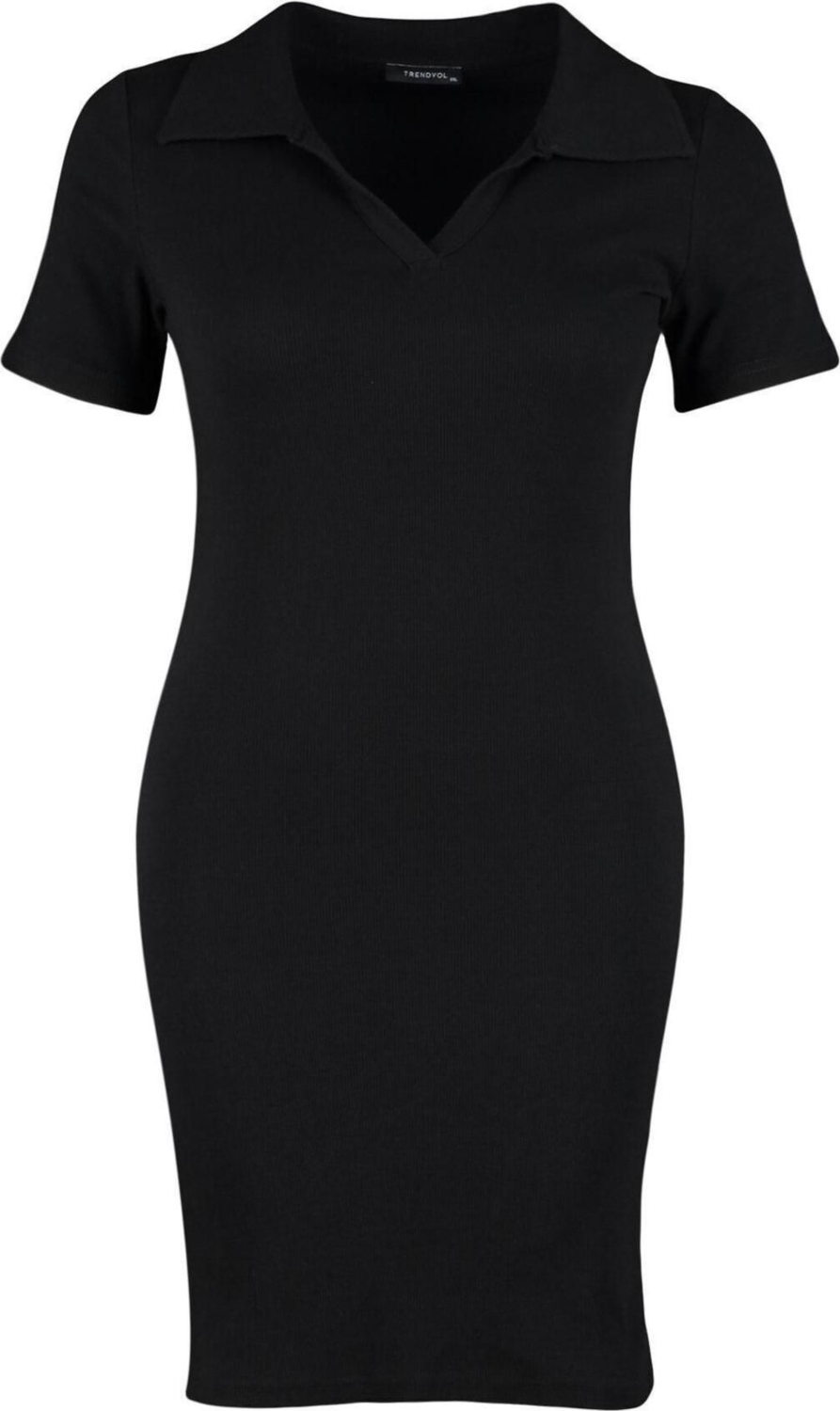 Moda Fit Casual Günlük Kaşkorse Örme Polo Yaka Kısa Kol Bodycone Mini Boy Büyük Beden Elbise