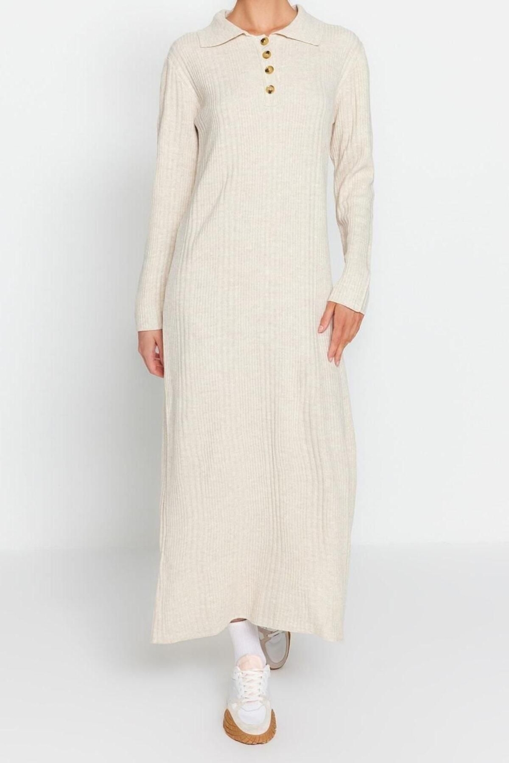 Moda Regular Casual Günlük Ribana Kaşkorse Dokuma V Yaka Uzun Kol A-Line Midi Boy Tesettür Elbise