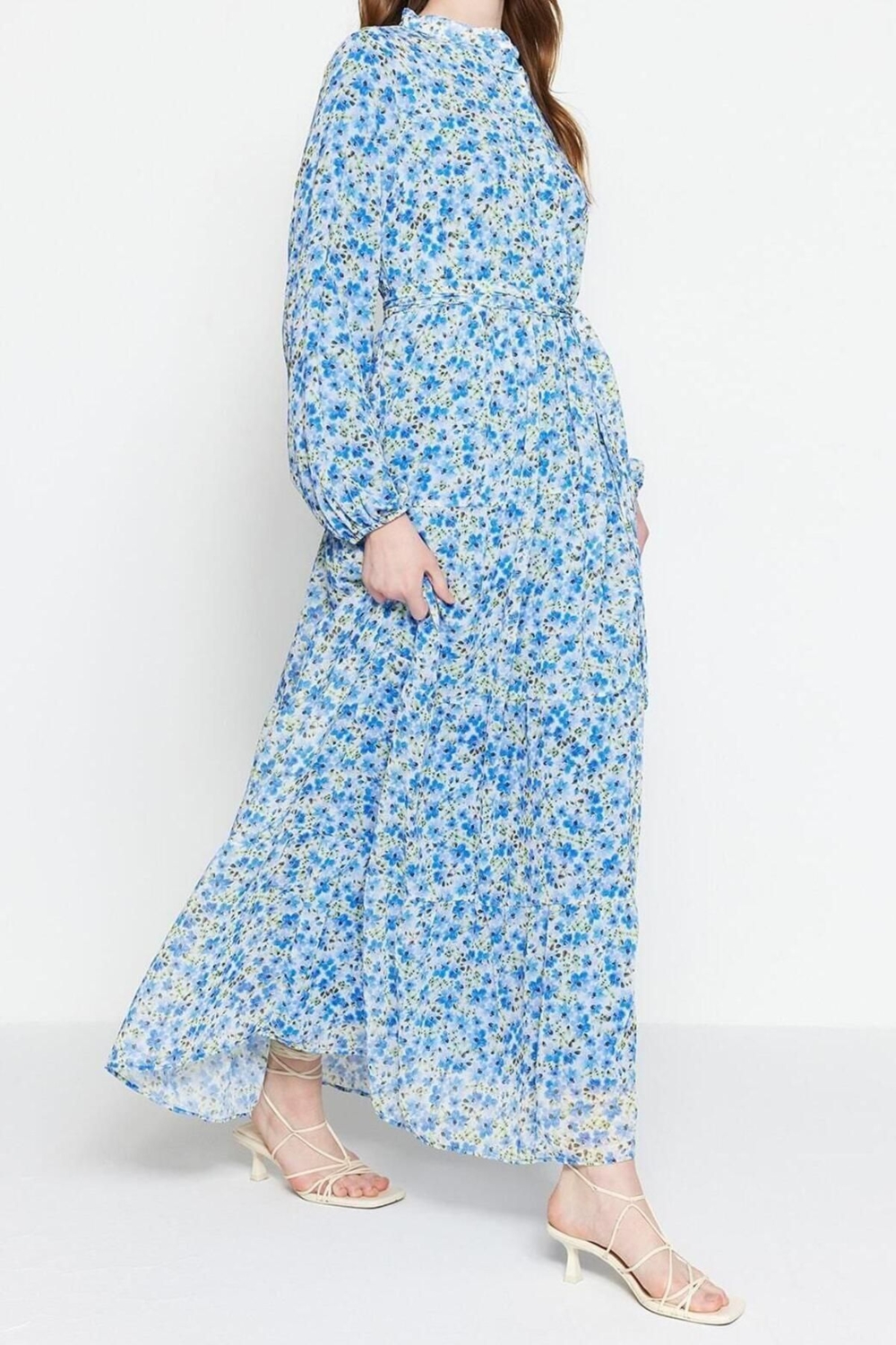 Moda Rahat Casual Günlük Şifon Dokuma Dik Yaka Uzun Kol Basic Maxi Boy Tesettür Elbise