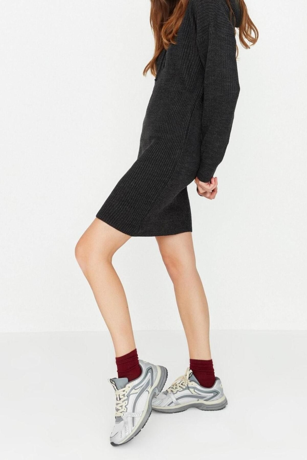Moda Regular Casual Günlük Dolu İğne Triko Kapüşonlu Uzun Kol Kazak Elbise Mini Boy Elbise