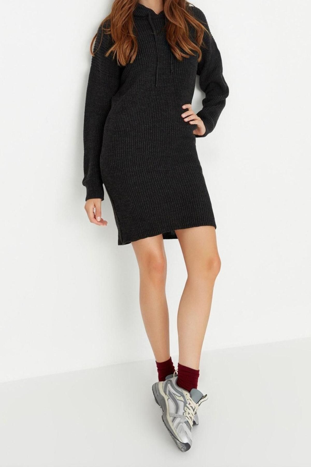 Moda Regular Casual Günlük Dolu İğne Triko Kapüşonlu Uzun Kol Kazak Elbise Mini Boy Elbise
