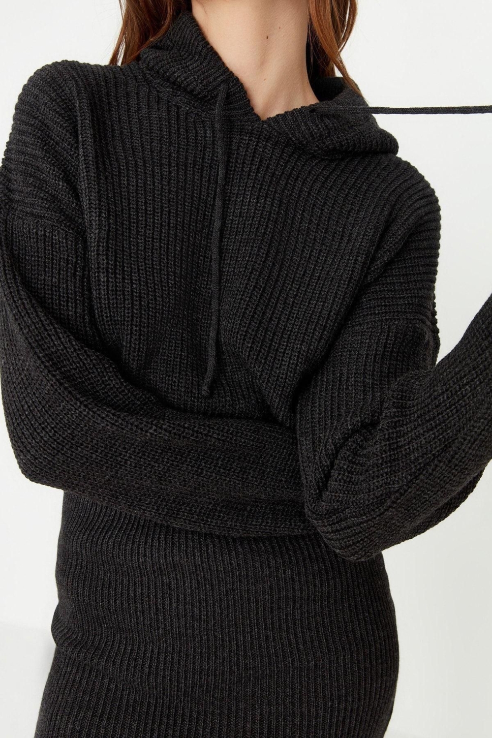 Moda Regular Casual Günlük Dolu İğne Triko Kapüşonlu Uzun Kol Kazak Elbise Mini Boy Elbise