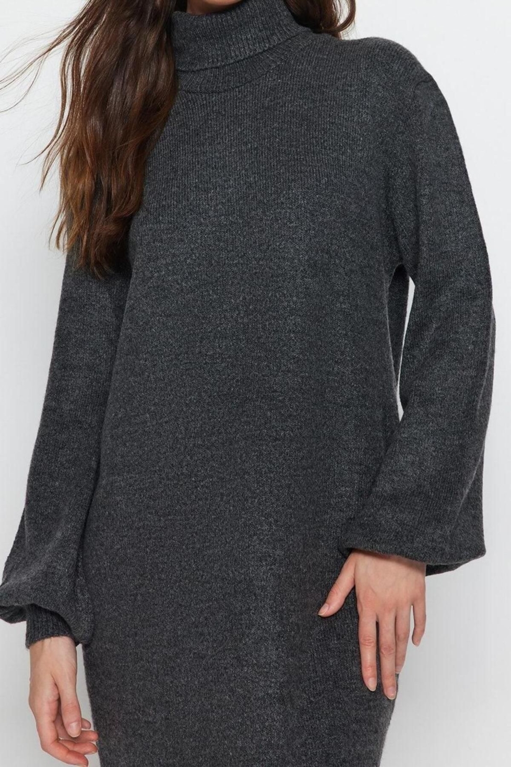 Moda Regular Casual Günlük Tek Plaka Triko Balıkçı Yaka Uzun Kol Shift Midi Boy Elbise