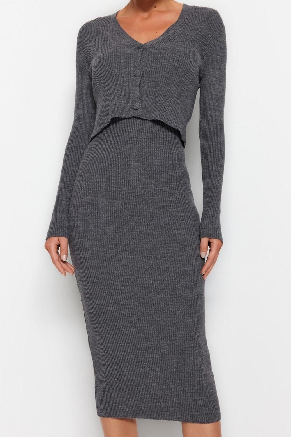 Kadın Bodycon Kesim Düz Triko Elbise Uzun Kollu V Yaka Midi Boy Sonbahar Kış Şıklığı Kaliteli