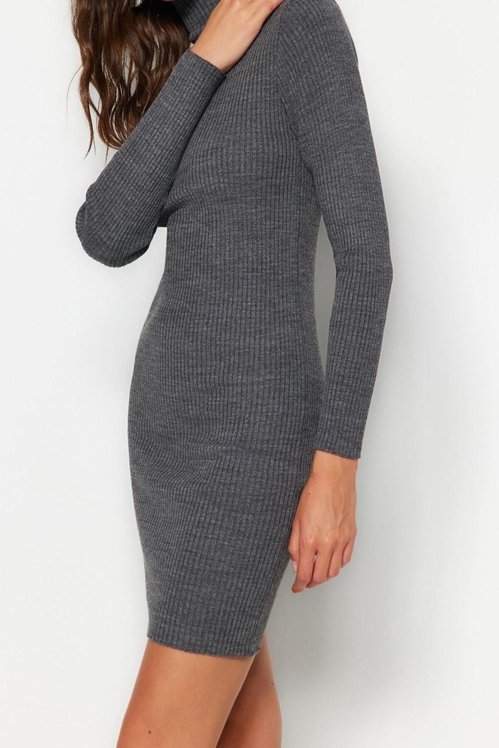 Moda Slim Casual Günlük Tek Plaka Triko Dik Yaka Uzun Kol Bodycone Mini Boy Elbise