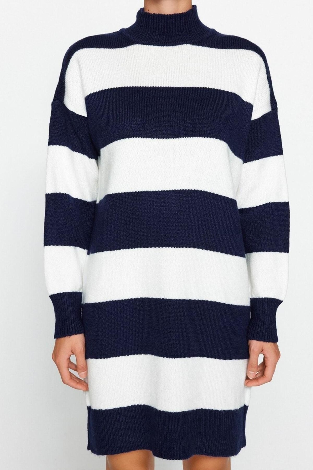 Moda Oversize Casual Günlük Bürümcük Triko Dik Yaka Uzun Kol Kazak Elbise Mini Boy Elbise