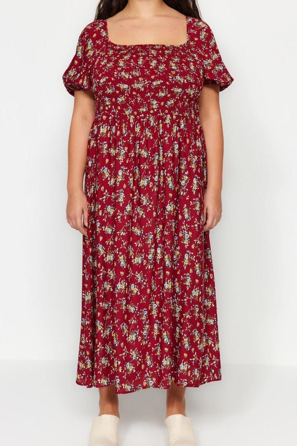 Moda Rahat Casual Günlük Shally Dokuma Kare Yaka Kısa Kol A-Line Midi Boy Büyük Beden Elbise