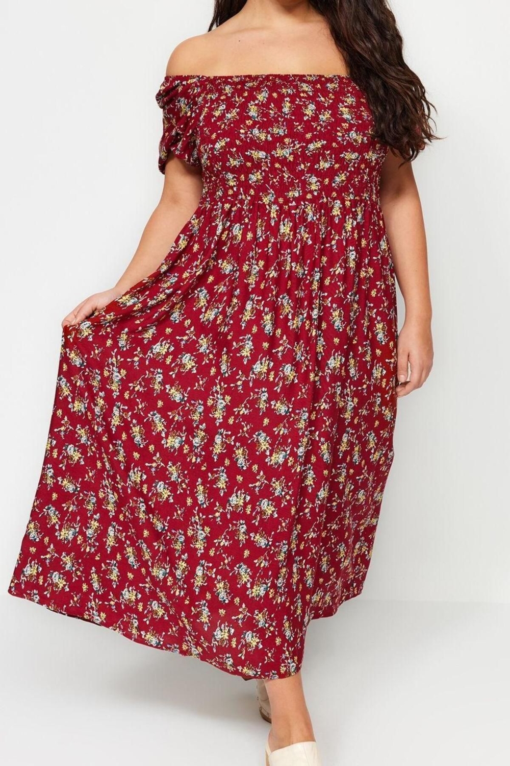 Moda Rahat Casual Günlük Shally Dokuma Kare Yaka Kısa Kol A-Line Midi Boy Büyük Beden Elbise
