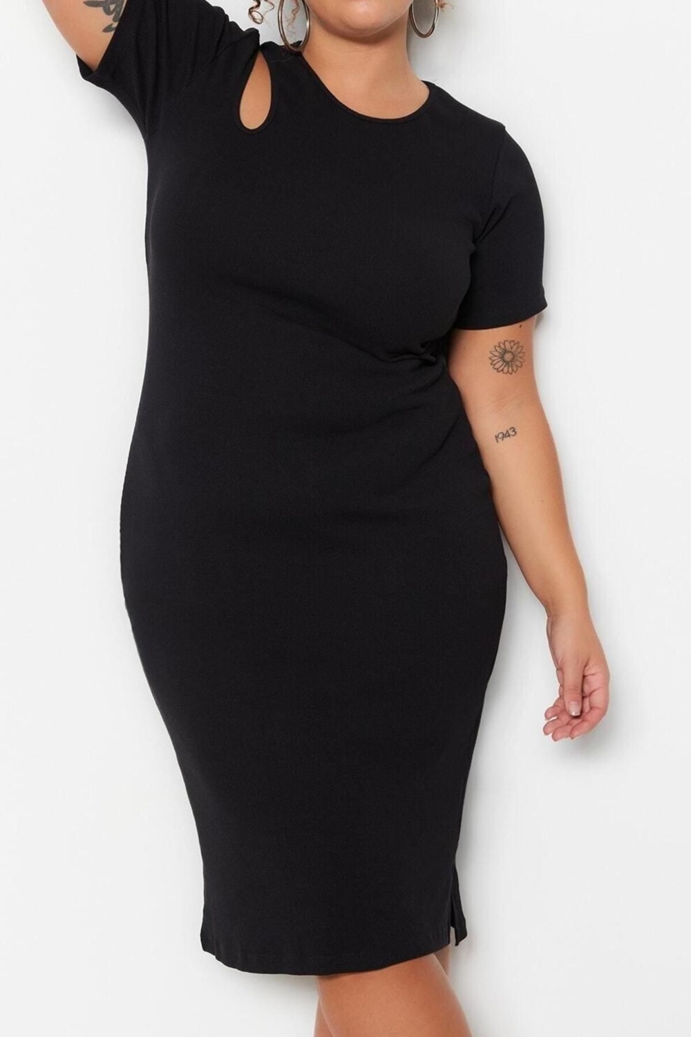 Moda Fit Gündüz Gece Kaşkorse Örme Bisiklet Yaka Kısa Kol Bodycone Midi Boy Büyük Beden Elbise