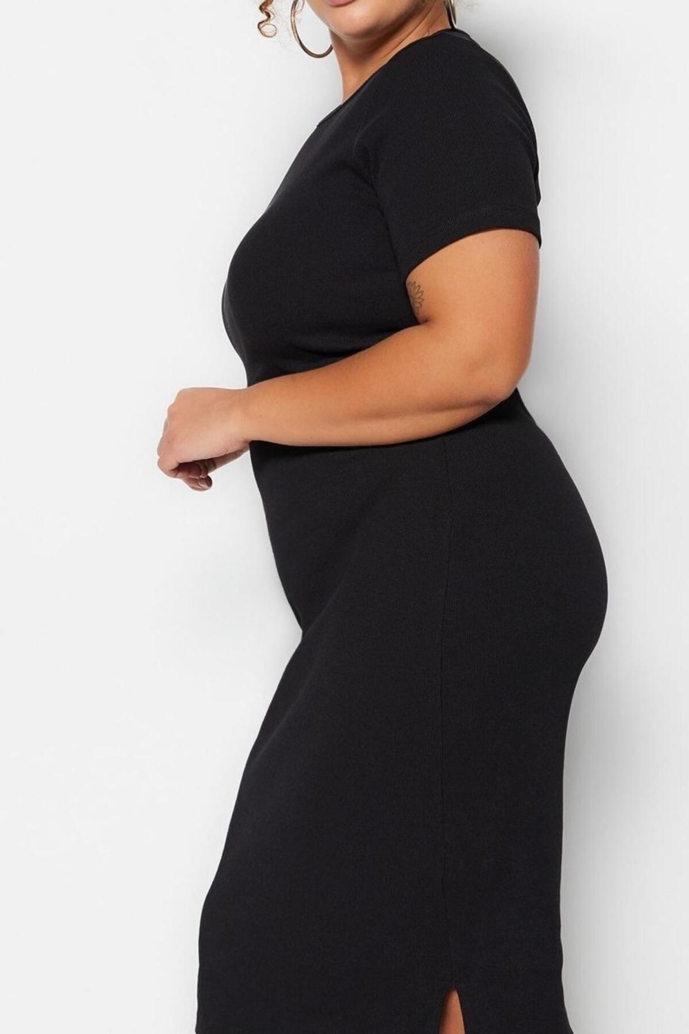 Moda Fit Gündüz Gece Kaşkorse Örme Bisiklet Yaka Kısa Kol Bodycone Midi Boy Büyük Beden Elbise