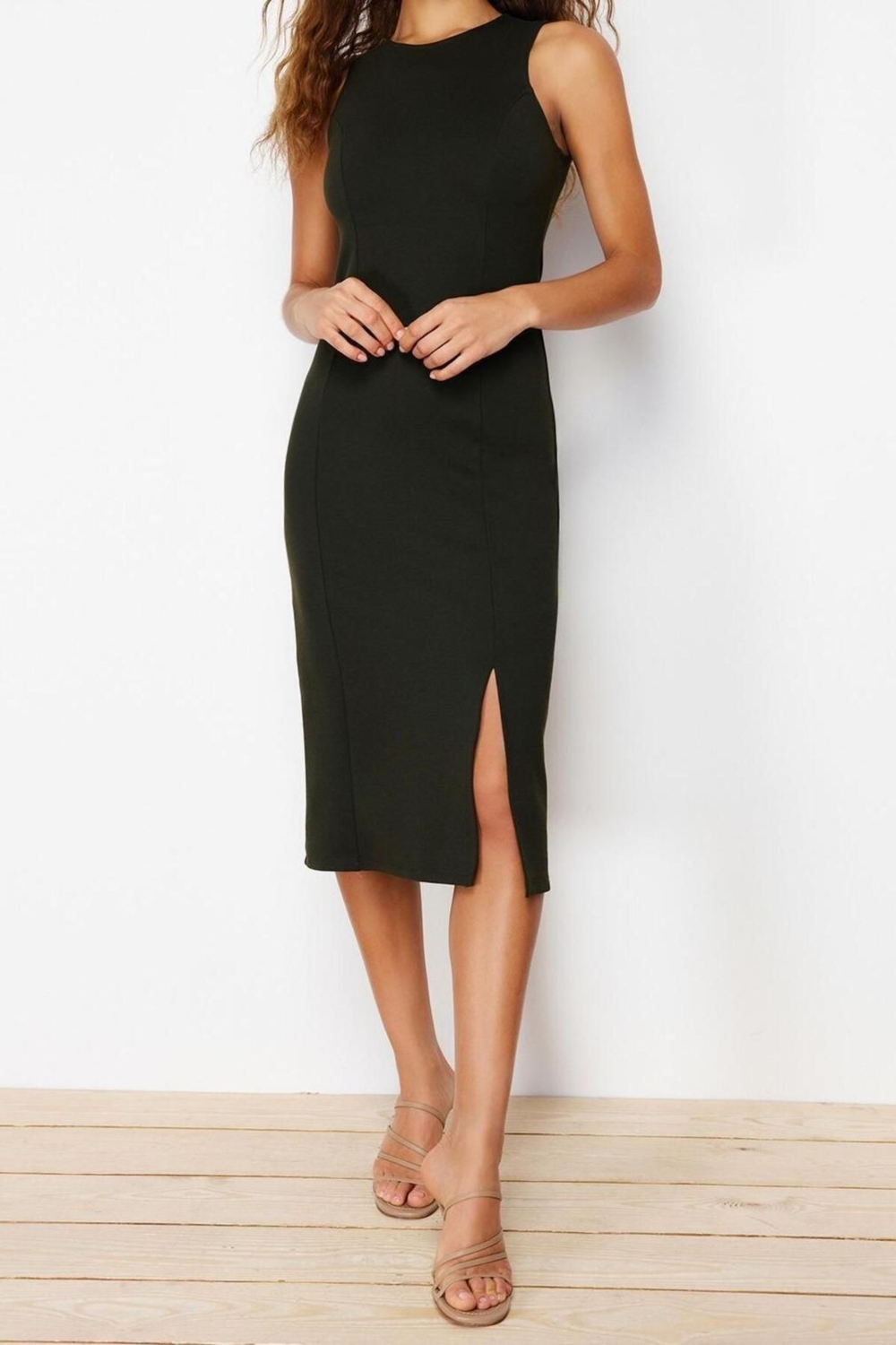 Moda Slim Business İnterlok Örme Bisiklet Yaka Kolsuz Kol Bodycone Midi Boy Elbise