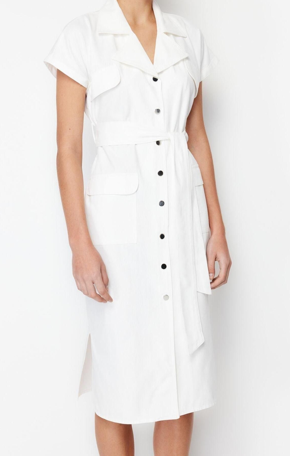 Moda Regular Casual Günlük Gabardin Dokuma Gömlek Yaka Kısa Kol Gömlek Elbise Midi Boy Elbise