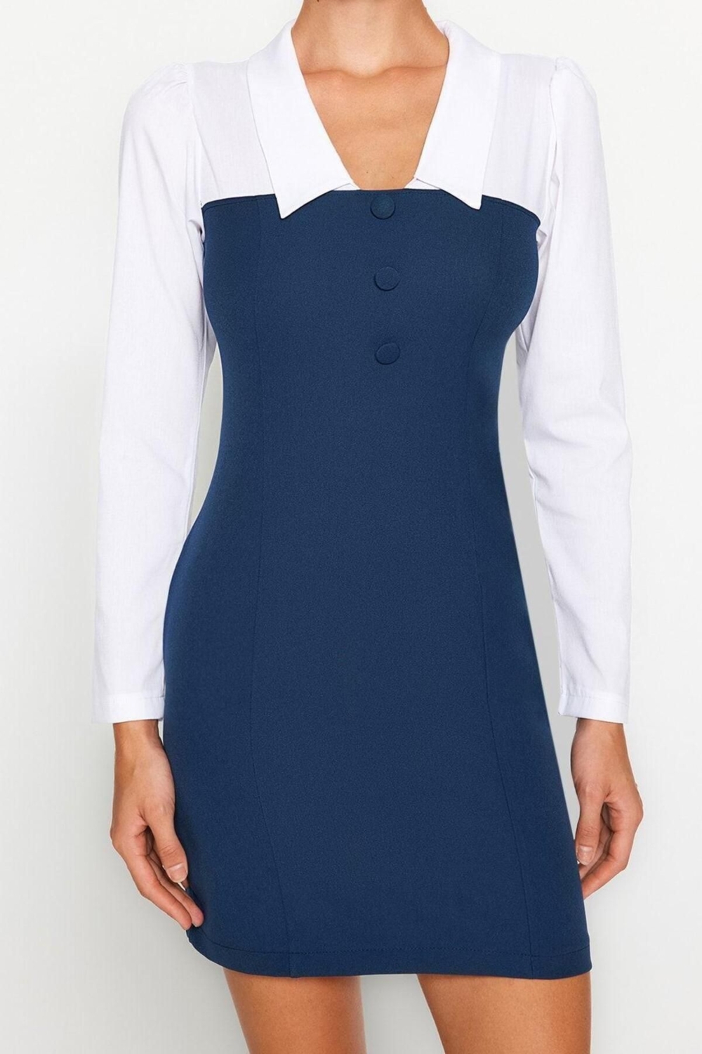 Kadın Şık Bodycon Kesim Dokuma Mini Elbise Gömlek Yaka Detaylı Uzun Balon Kol Modeli Sonbahar Kış