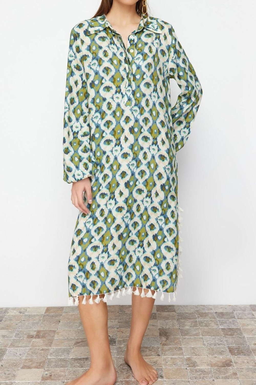 Moda Oversize Plaj Günlük Shally Dokuma Gömlek Yaka Uzun Kol Shift Maxi Boy Elbise