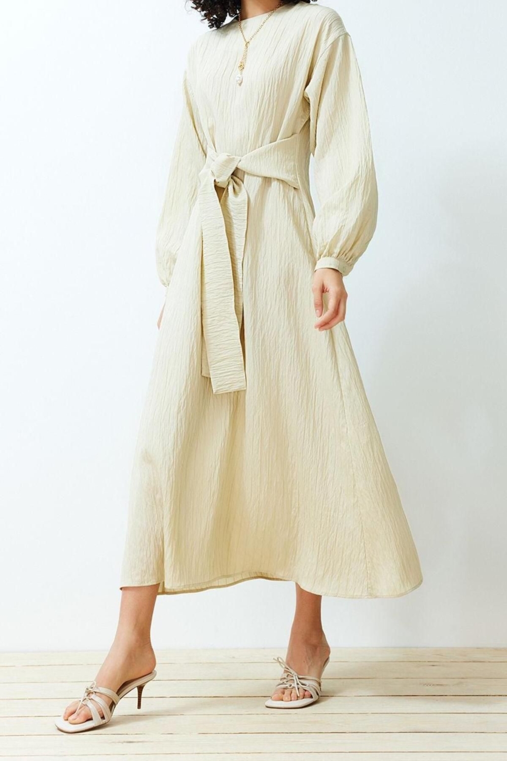 Moda Regular Casual Günlük Crinkle Dokuma Bisiklet Yaka Uzun Kol Shift Maxi Boy Tesettür Elbise