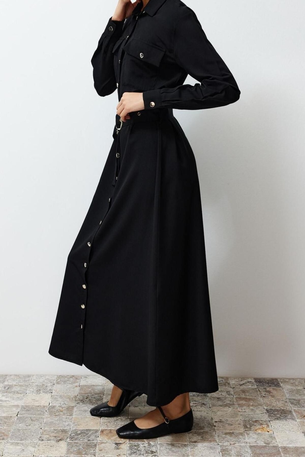 Moda Regular Günlük Terryviskon Dokuma Gömlek Yaka Uzun Kol Gömlek Elbise Maxi Boy Tesettür Elbise