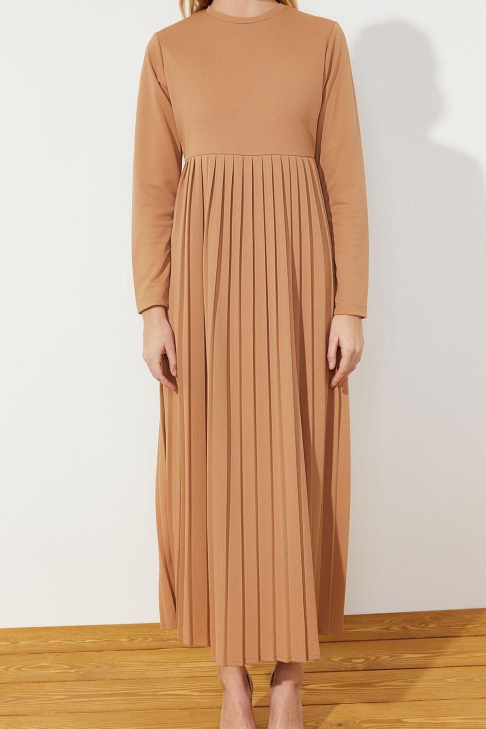 Moda Regular Casual Günlük Scuba Krep Örme Bisiklet Yaka Uzun Kol Basic Maxi Boy Elbise