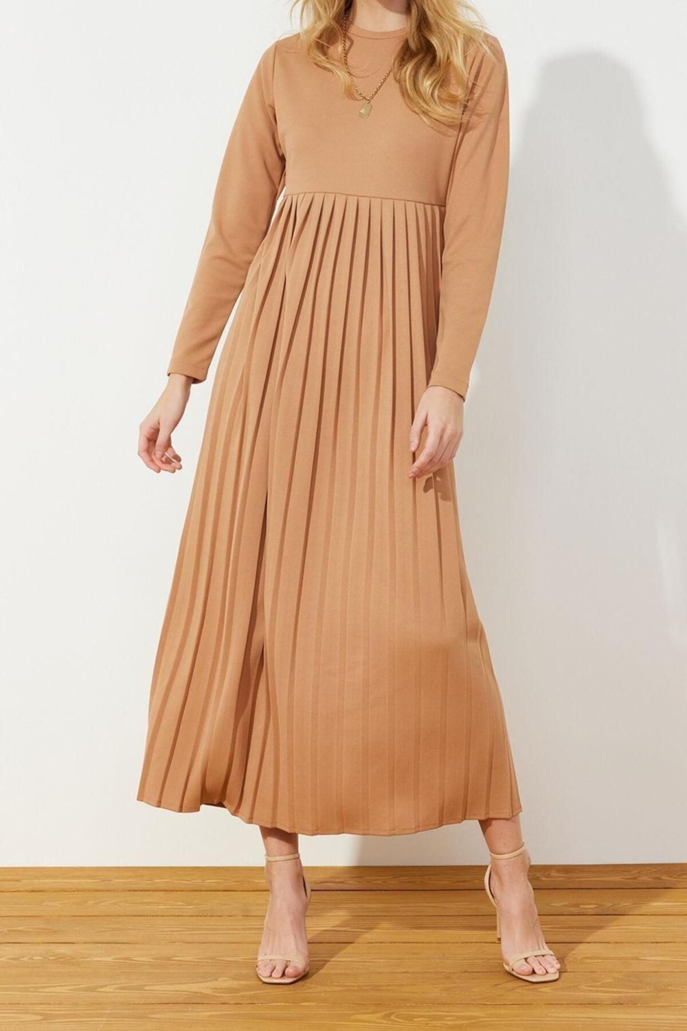 Moda Regular Casual Günlük Scuba Krep Örme Bisiklet Yaka Uzun Kol Basic Maxi Boy Elbise