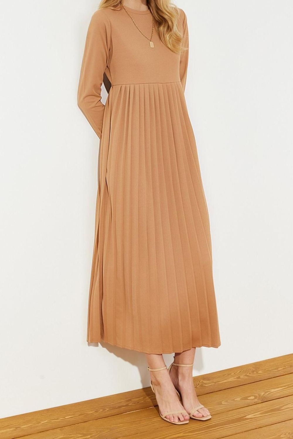 Moda Regular Casual Günlük Scuba Krep Örme Bisiklet Yaka Uzun Kol Basic Maxi Boy Elbise