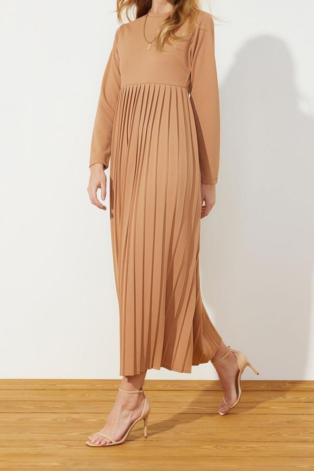 Moda Regular Casual Günlük Scuba Krep Örme Bisiklet Yaka Uzun Kol Basic Maxi Boy Elbise