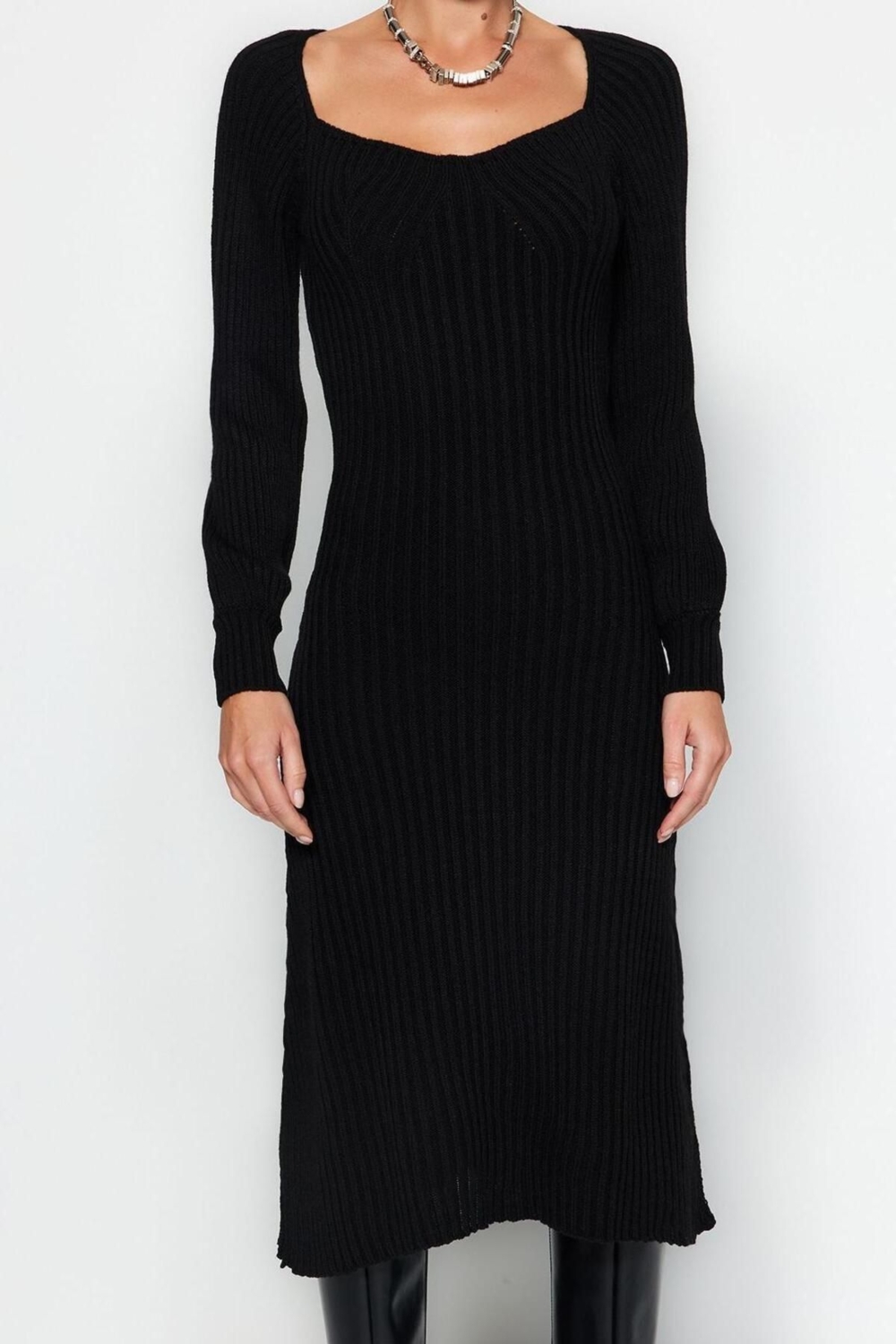 Moda Slim Casual Günlük Tek Plaka Triko Kalp Yaka Uzun Kol Basic Midi Boy Elbise