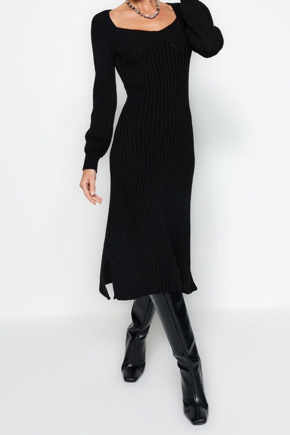 Moda Slim Casual Günlük Tek Plaka Triko Kalp Yaka Uzun Kol Basic Midi Boy Elbise