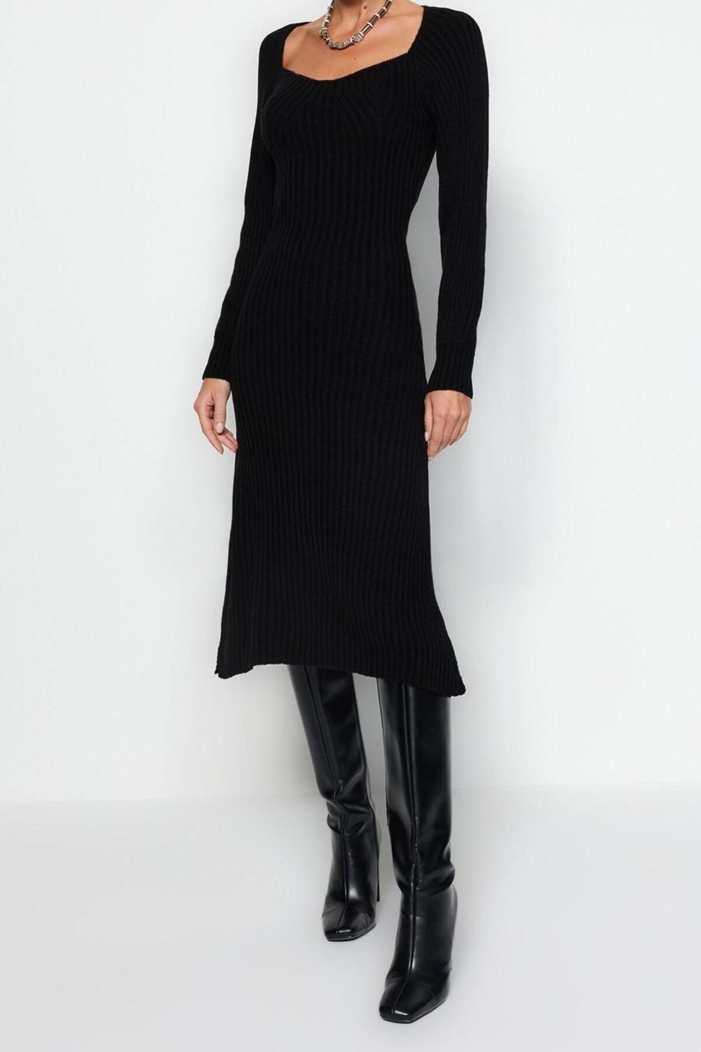 Moda Slim Casual Günlük Tek Plaka Triko Kalp Yaka Uzun Kol Basic Midi Boy Elbise
