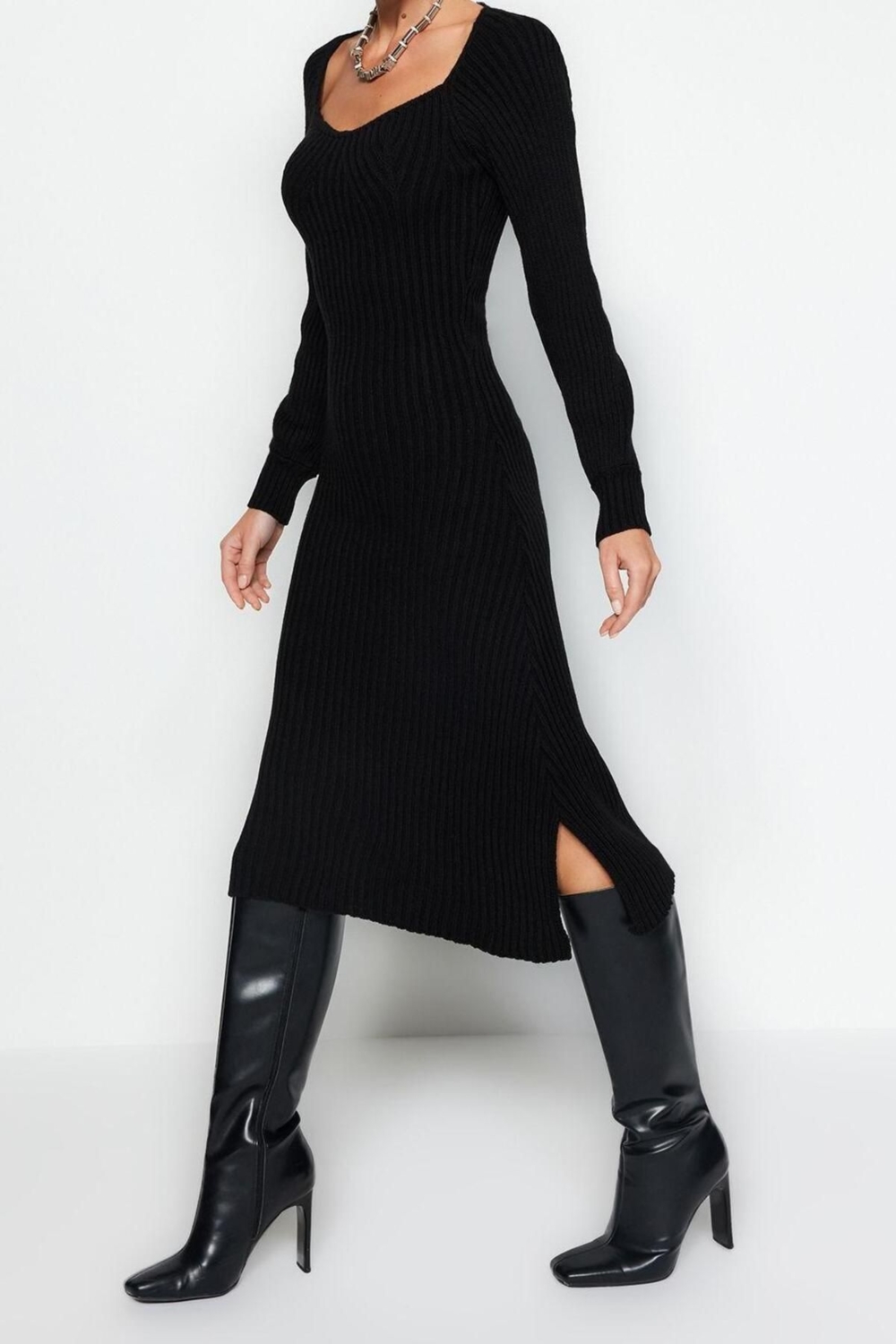 Moda Slim Casual Günlük Tek Plaka Triko Kalp Yaka Uzun Kol Basic Midi Boy Elbise
