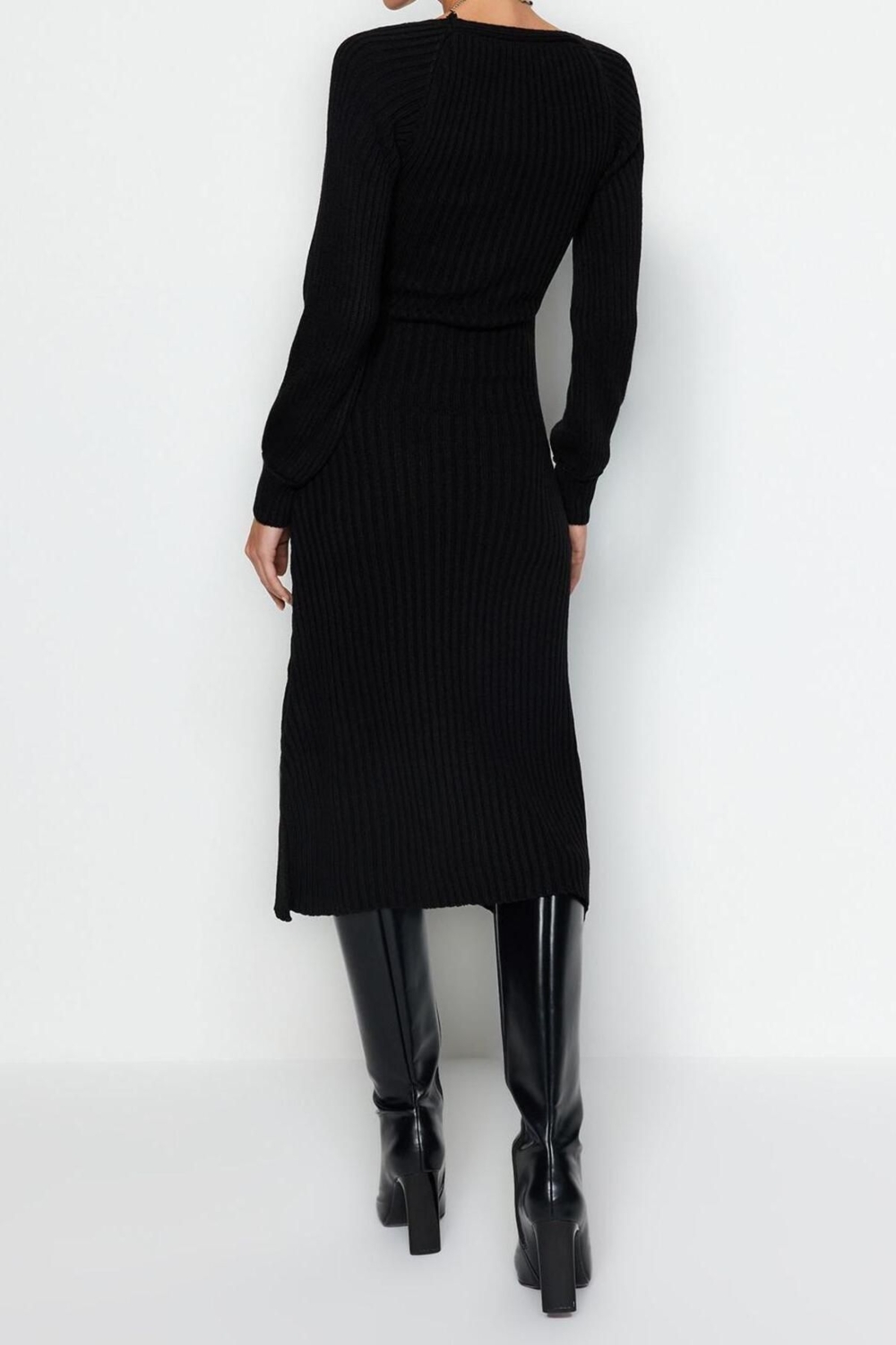 Moda Slim Casual Günlük Tek Plaka Triko Kalp Yaka Uzun Kol Basic Midi Boy Elbise