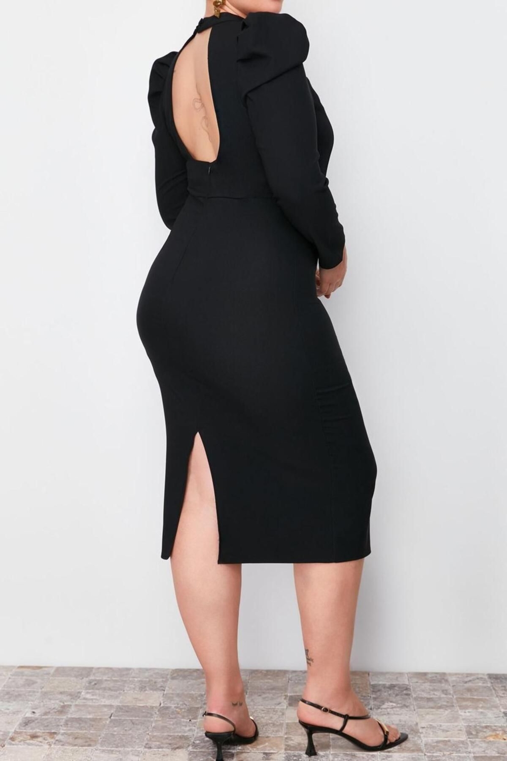 Moda Fit Kokteyl Finike Dokuma Dik Yaka Uzun Kol Anvelop Midi Boy Büyük Beden Elbise