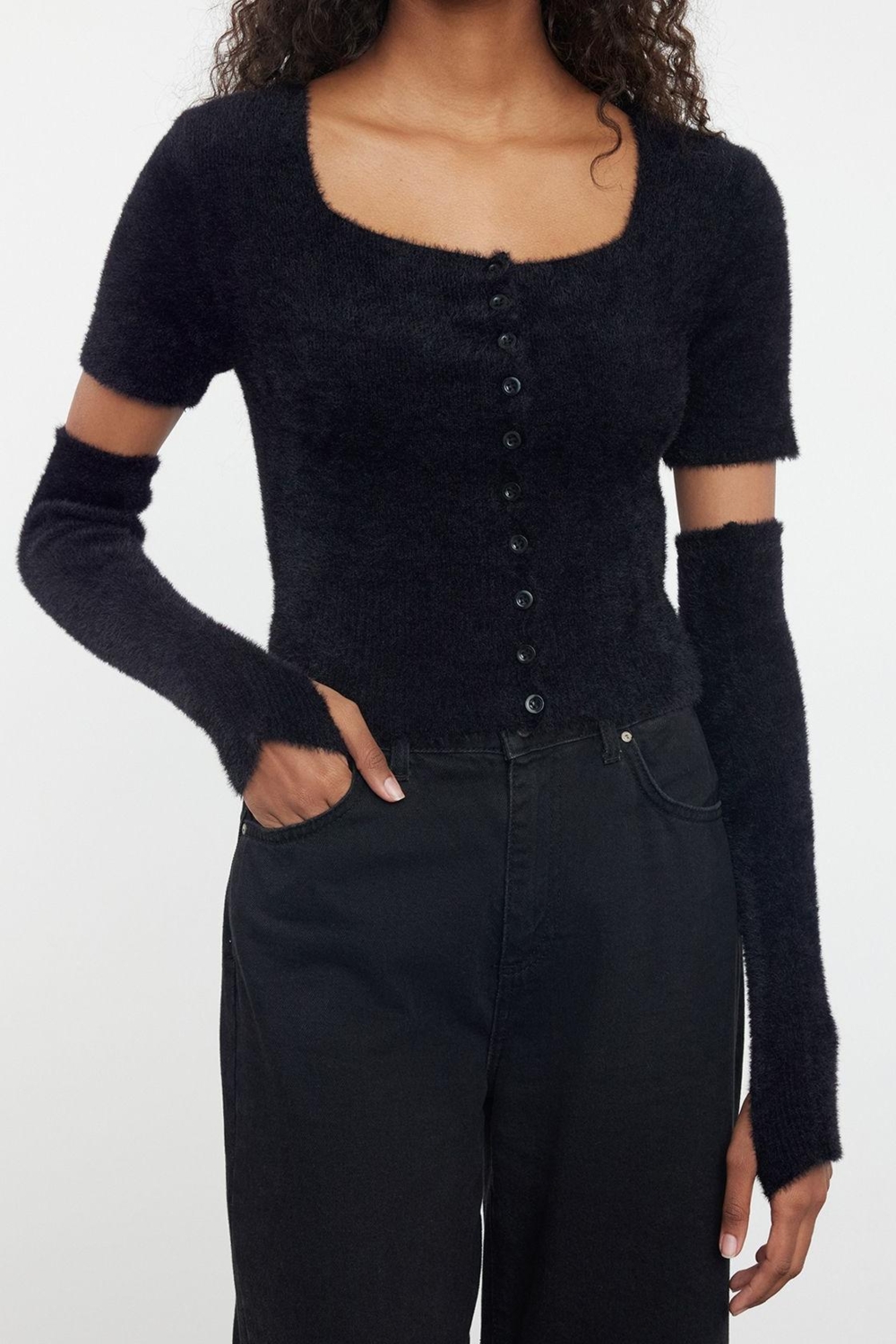 Kadın Modern Tarz Slim Kare Yaka Crop Triko Hırka