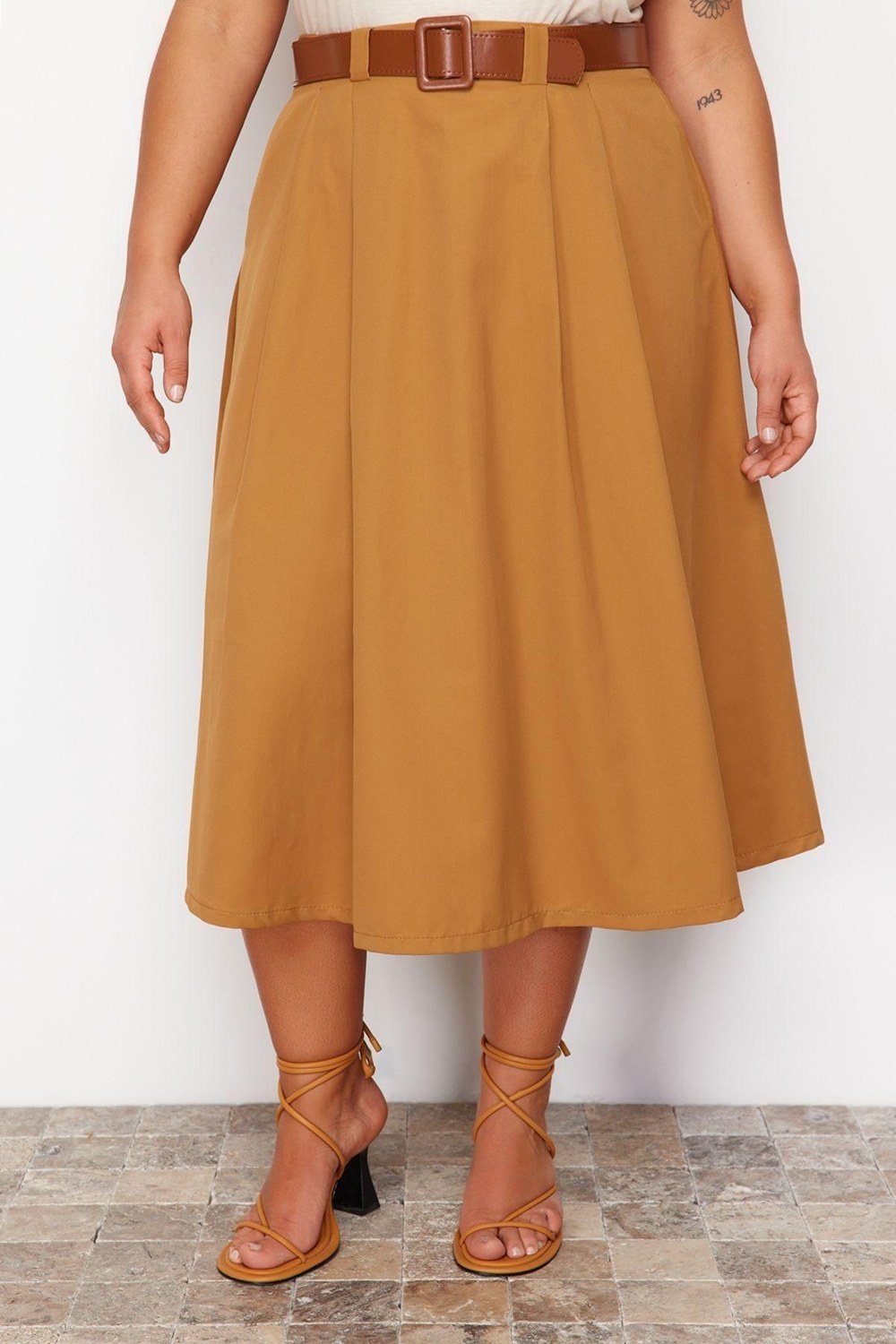 Moda Büyük Beden Regular Düz Desen Günlük Midi Boy Dokuma Büyük Beden Etek