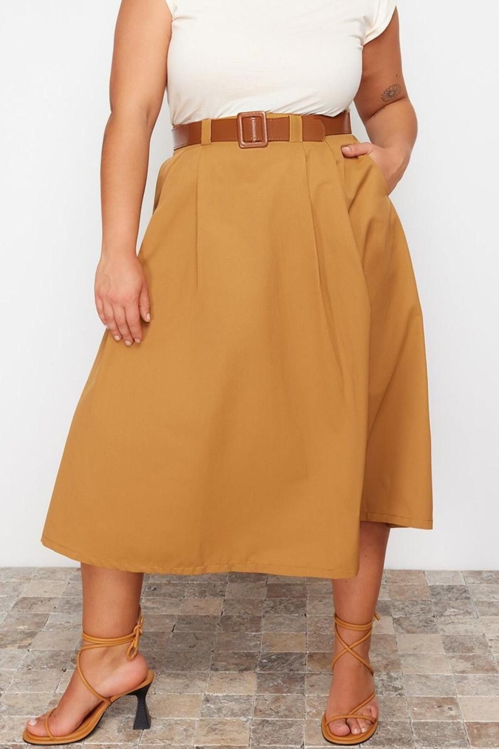 Moda Büyük Beden Regular Düz Desen Günlük Midi Boy Dokuma Büyük Beden Etek