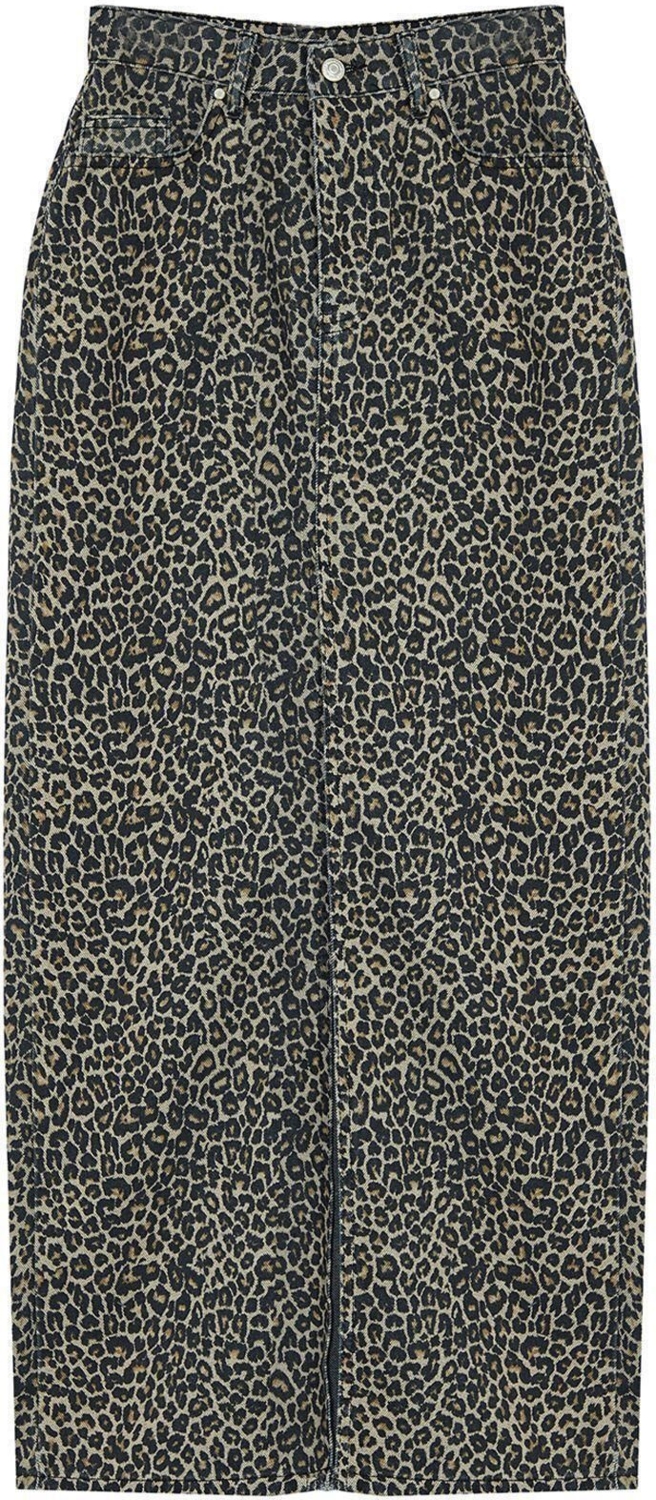 Moda Regular Animal Desen Günlük Midi Boy Leopar Desenli Maxi Denim Etek