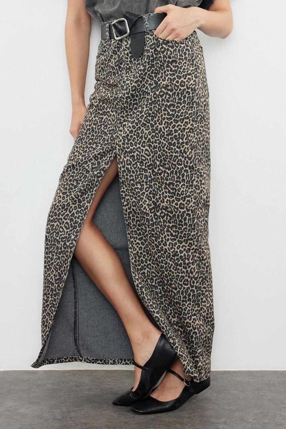 Moda Regular Animal Desen Günlük Midi Boy Leopar Desenli Maxi Denim Etek