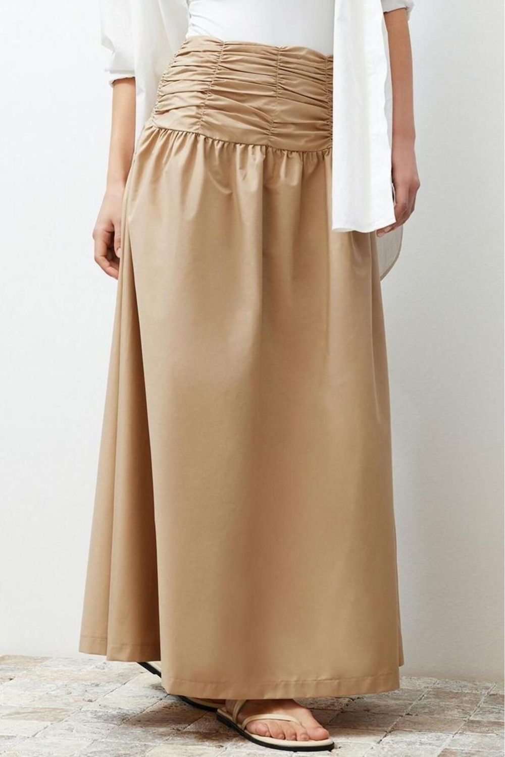 Moda Tesettür Regular Düz Desen Günlük Uzun Boy Yüksek Belli Büzgülü Uzun Dokuma Etek