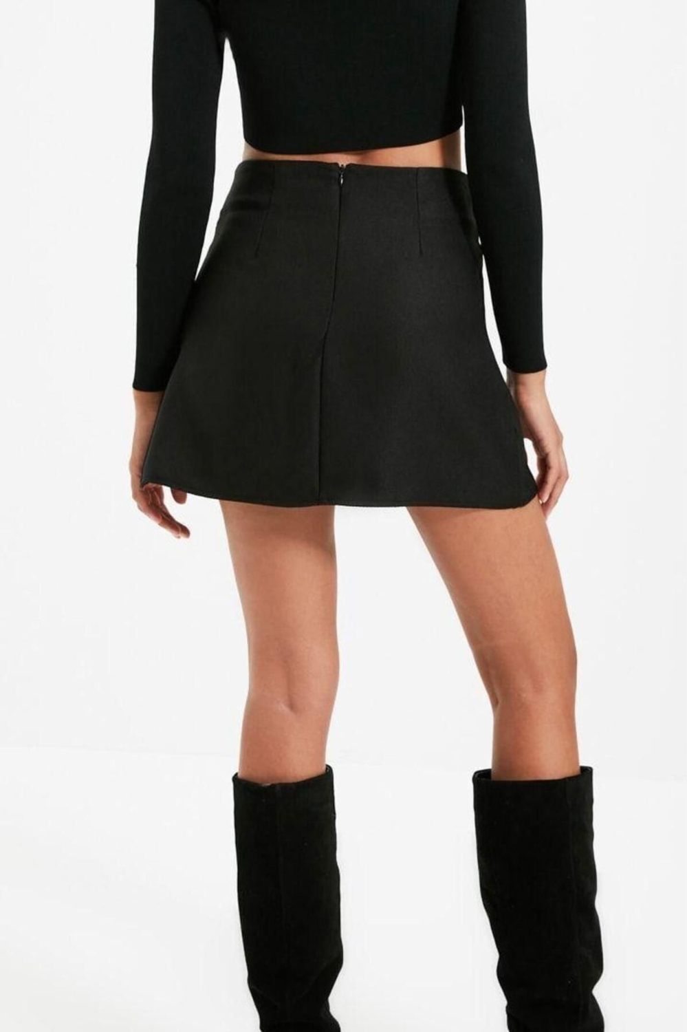 Moda A-line Düz Desen Günlük Mini Boy Toka Detaylı Pileli Mini Boy Dokuma Etek
