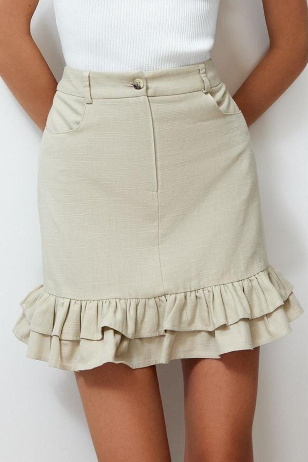 Moda Regular Düz Desen Günlük Mini Boy Eteği Fırfırlı Mini Boy Dokuma Keten Görünümlü Etek