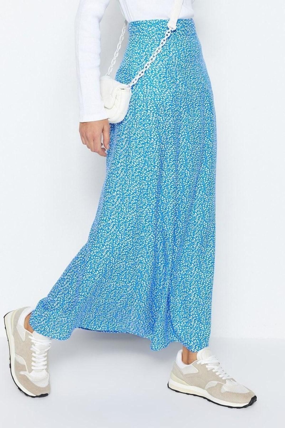 Moda Tesettür A-line Puantiyeli Desen Günlük Uzun Boy Çiçek Baskılı Viskon Dokuma Kloş Etek